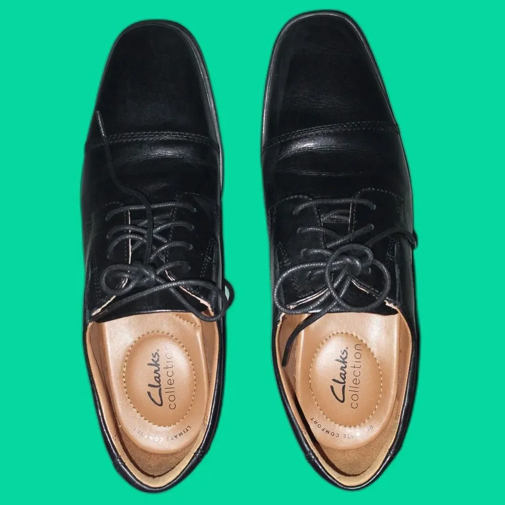 Clarks Men's Size 9 Black Leather Oxford Tilden Cap Orthopedic Moisture Wicking